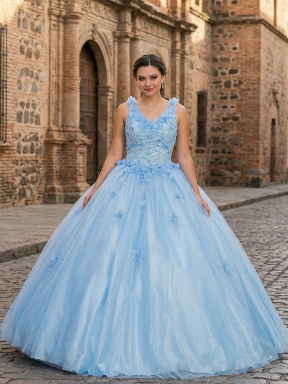 NEW BLUE Satin & Tulle V-Neck Evening Gown Floor Length Embellished 8025J